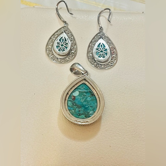 Vintage ATI .925 Barse Thailand STERLING & Turquoise Earring and Pendant Set - Picture 5 of 11